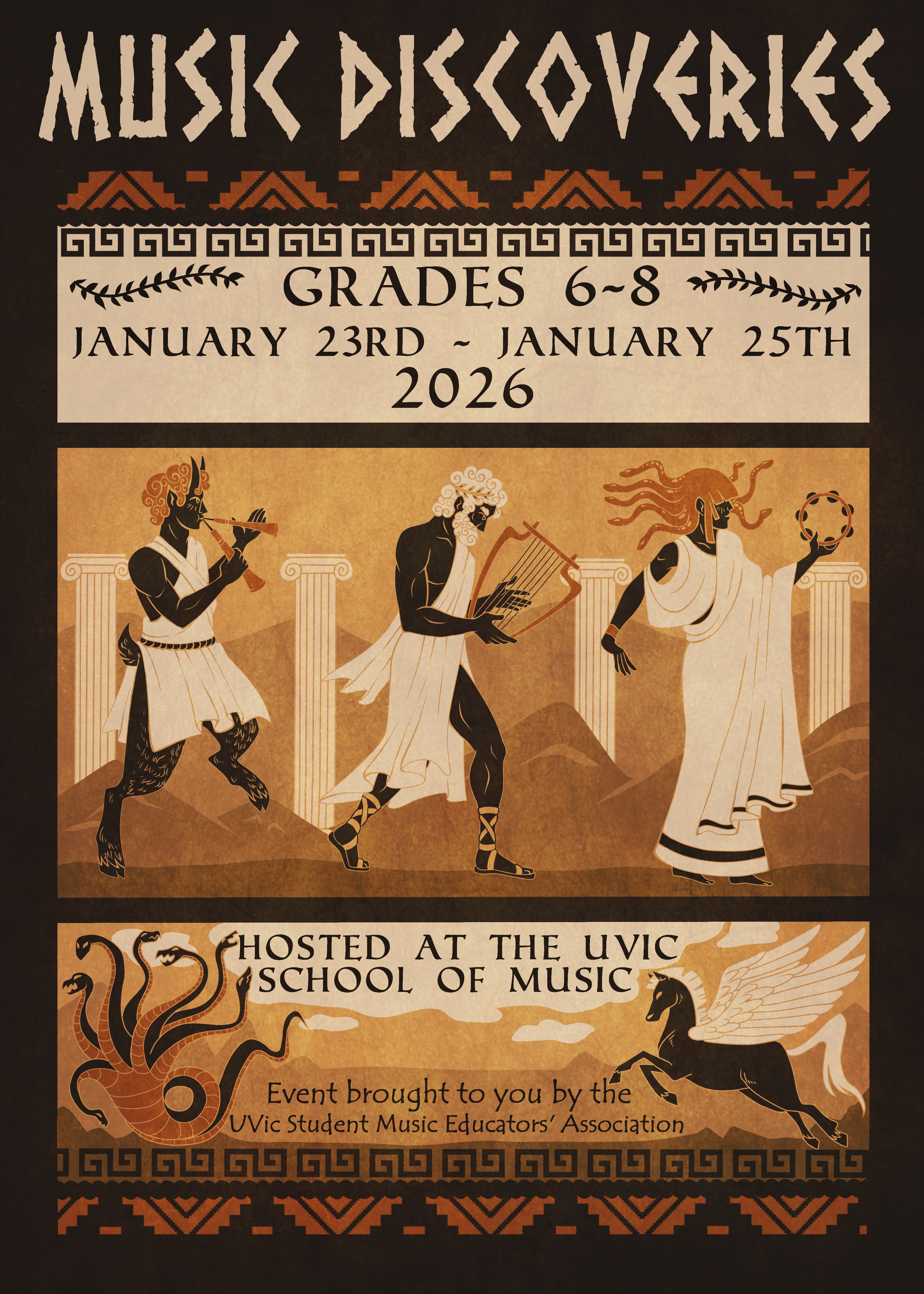 A greek mythology-themed poster showcasing the title Music Discoveries for Grade 6 to 8