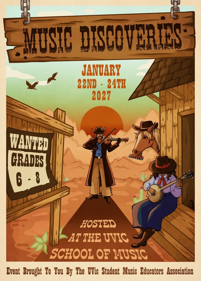 A Wild West themed poster showcasing the title Music Discoveries for Grade 6 to 8